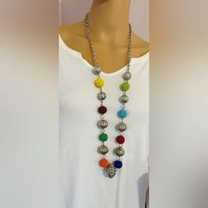 Garold C Miller Multi Colored Beaded  Seed / Silvertone Necklace Made In India.